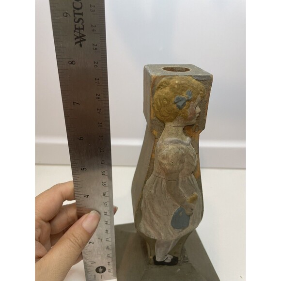 Antique Wooden Candlestick Holder Girl Carrying A Toy Cracks - Picture 10 of 10